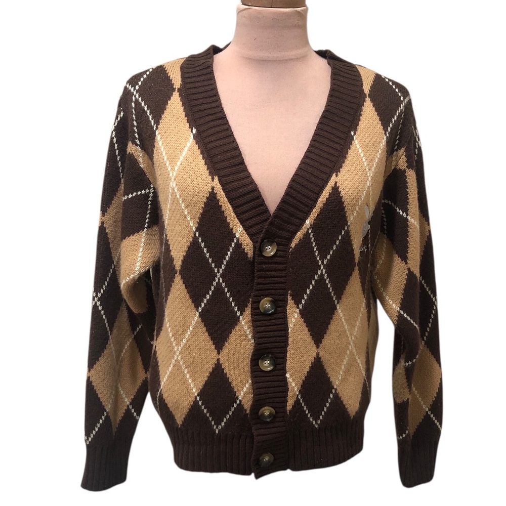 Playboy Cardigan Sweater Size Small Brown Argyle